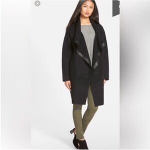 Eileen Fisher 100% Wool Black Trench Coat with Leather Collar Trim Size Medium